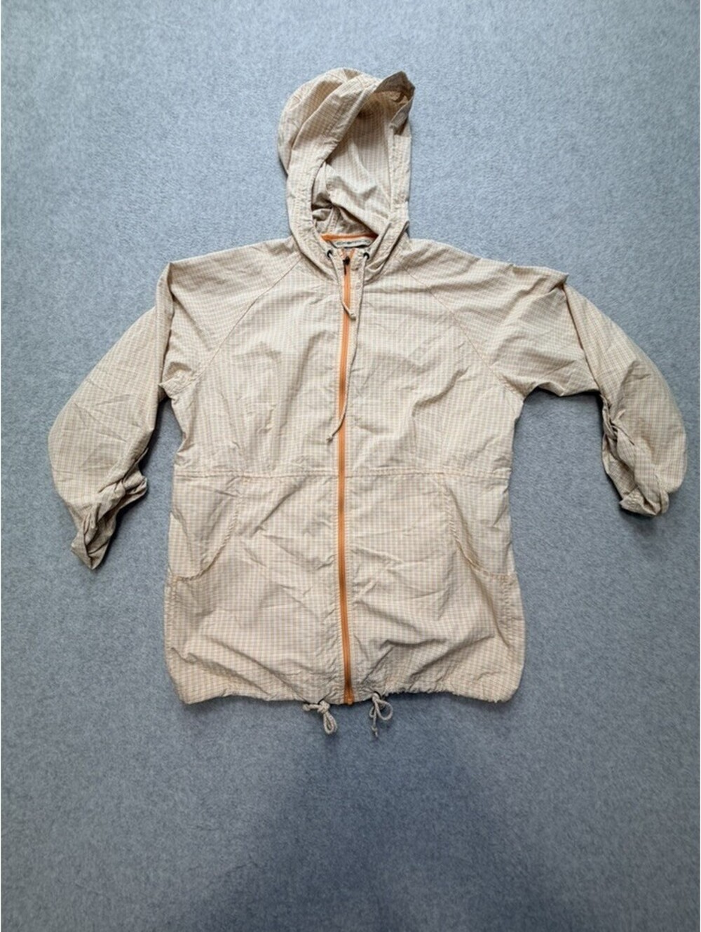 ExOfficio Womens Jacket Windbreaker Small Tan Orange‎ Plaid Hooded Full Zip